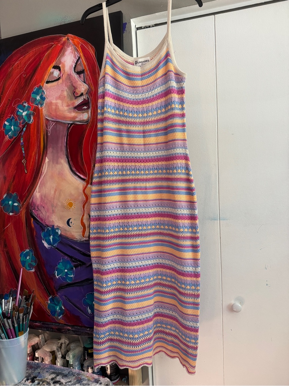 No Boundaries Pastel Striped Open Knit Maxi Dress Scalloped Hem Large - Picture 4 of 12